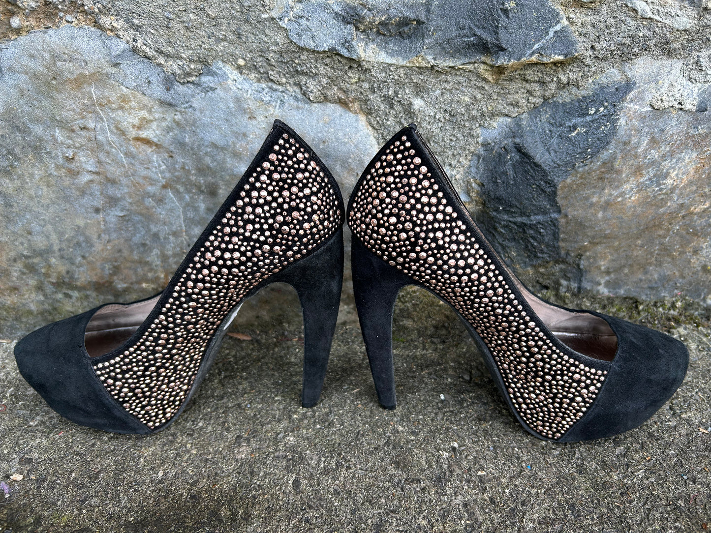 Black suede heels with Rose Gold Bead uk 4 (eu 37)