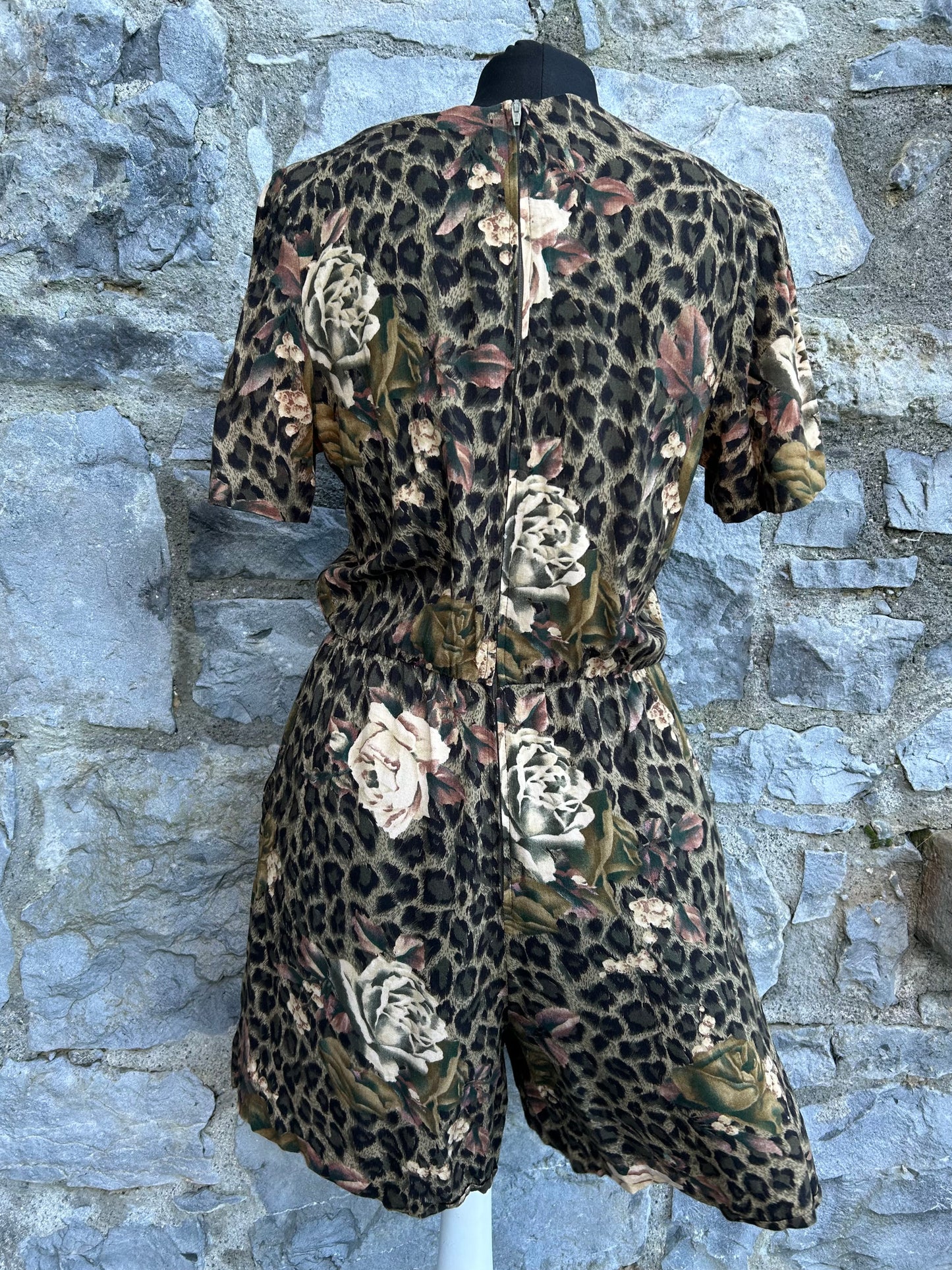 80s khaki Leopard print&flowers jumpsuit uk 8-10