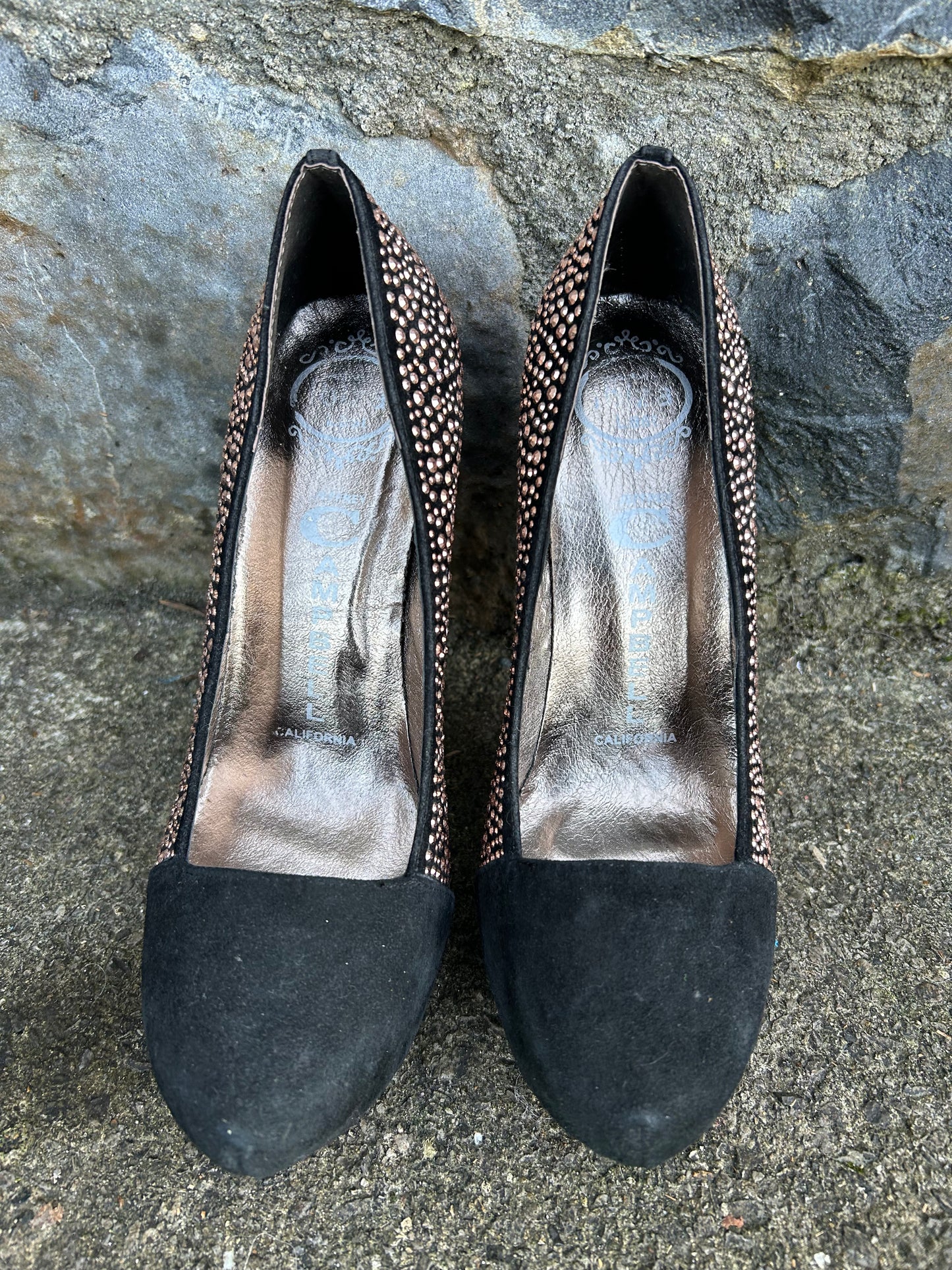 Black suede heels with Rose Gold Bead uk 4 (eu 37)