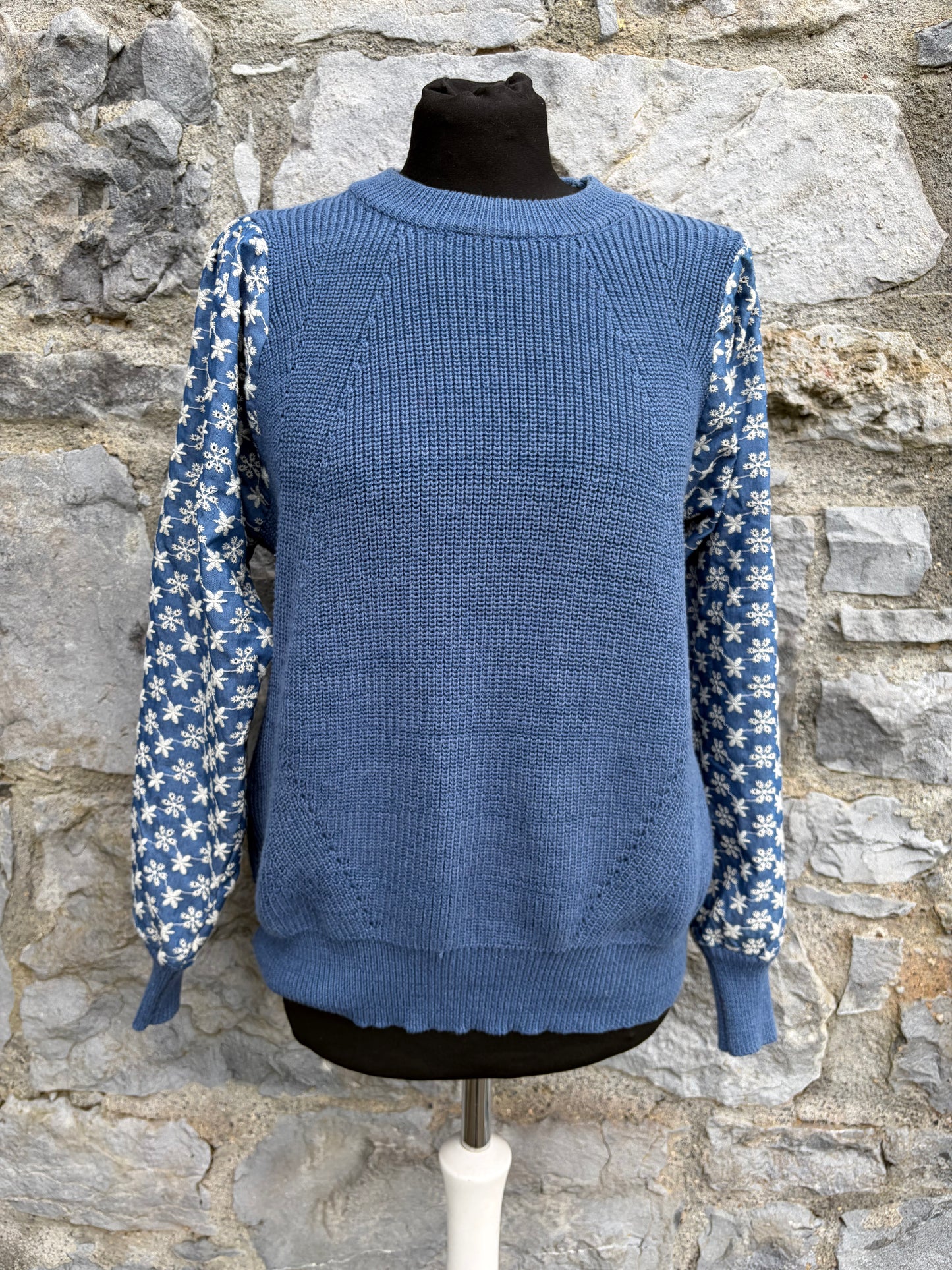 Blue knit sweater with floral denim sleeves uk 12