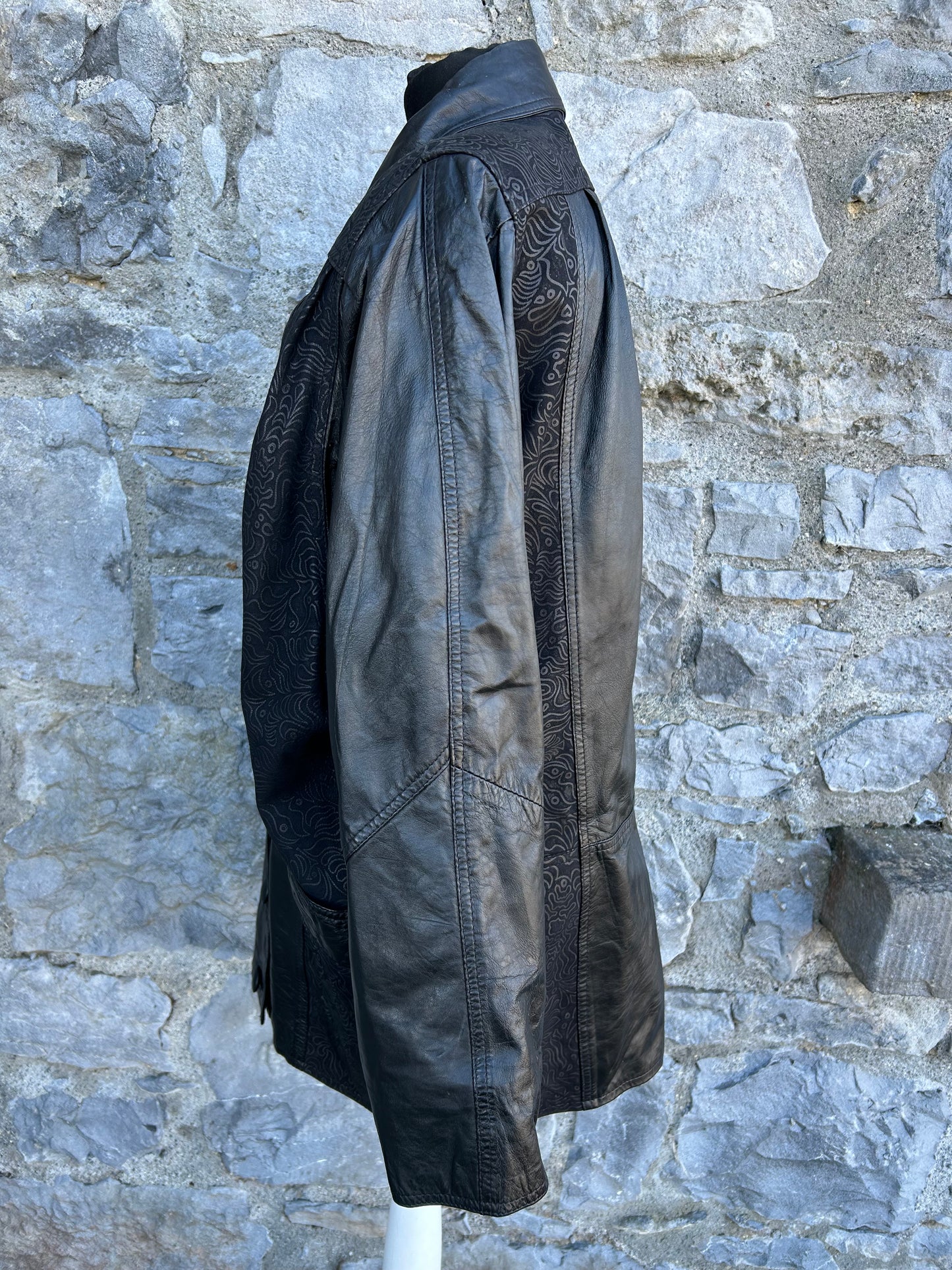 80s black leather long jacket uk 12-14