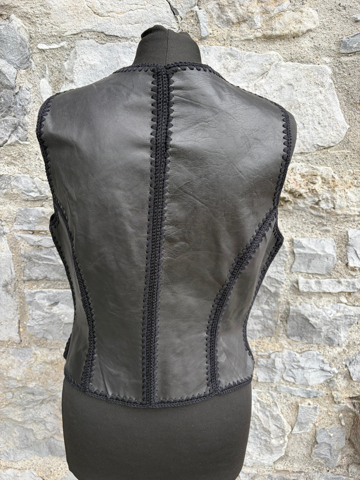 80s black leather patchwork waistcoat uk 10-12
