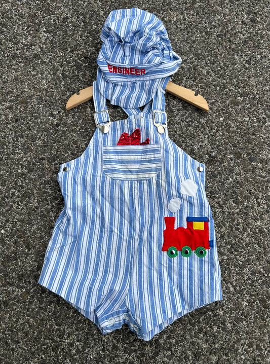 90s train blue stripy dungarees 12m (80cm)