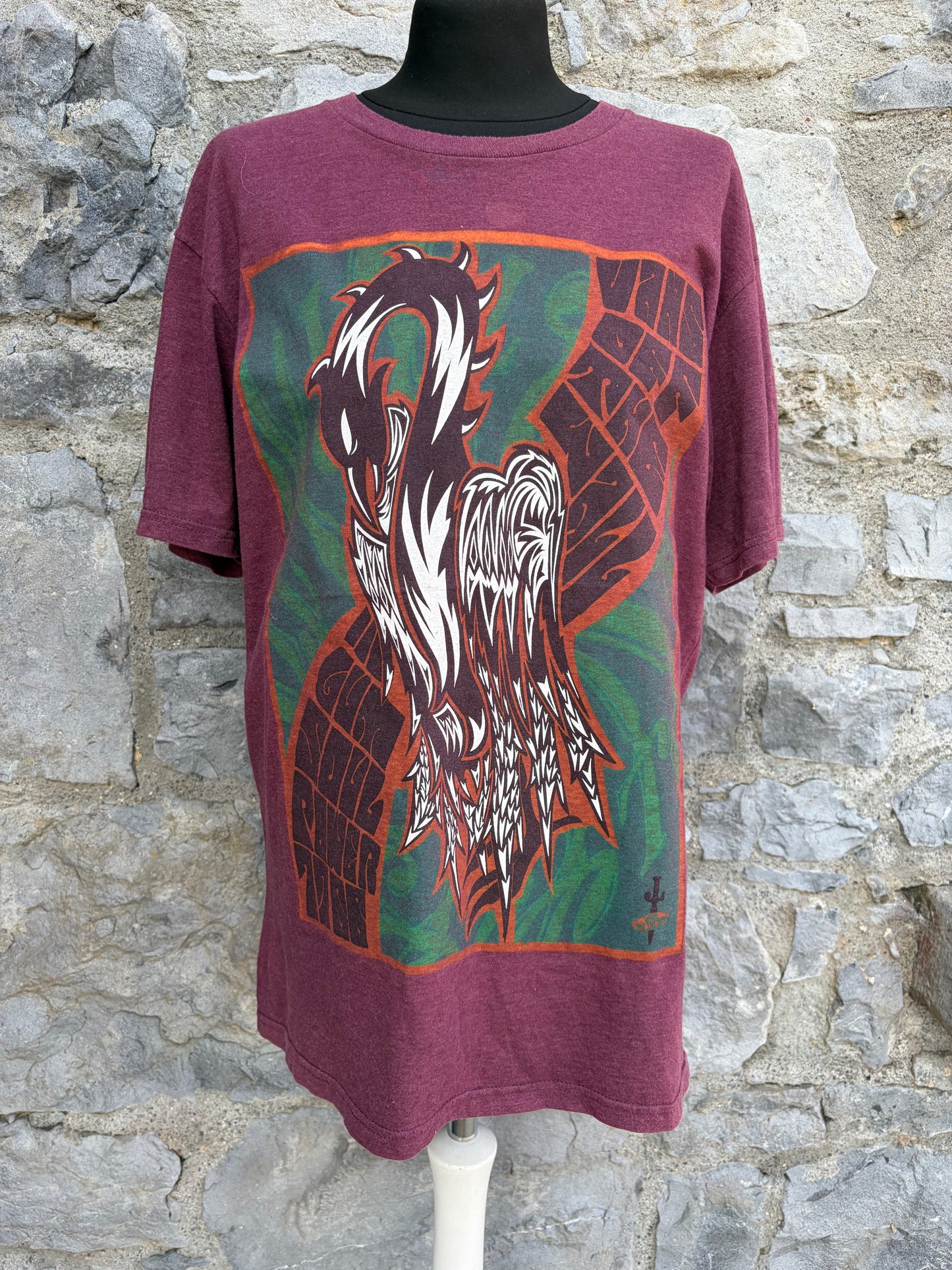 Tribal-style bird maroon T-shirt Small