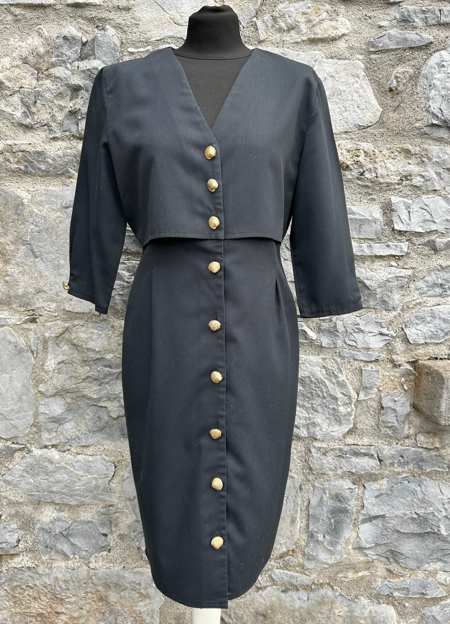80s black dress with shell buttons uk 10-12