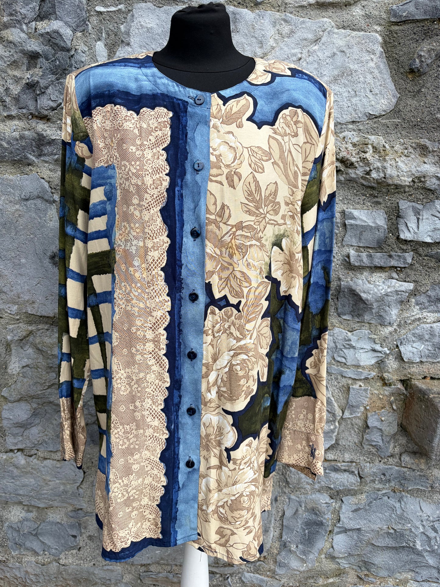 90s beige&blue floral blouse uk 14