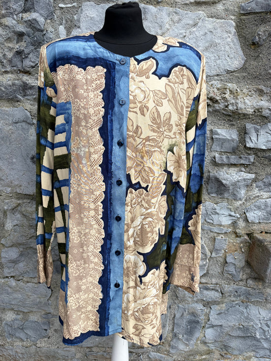 90s beige&blue floral blouse uk 14