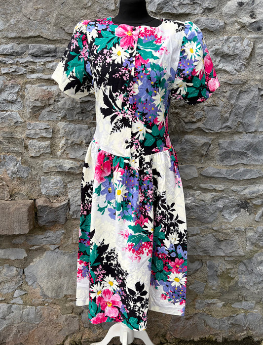 80s colourful flowers white dress uk 6-8
