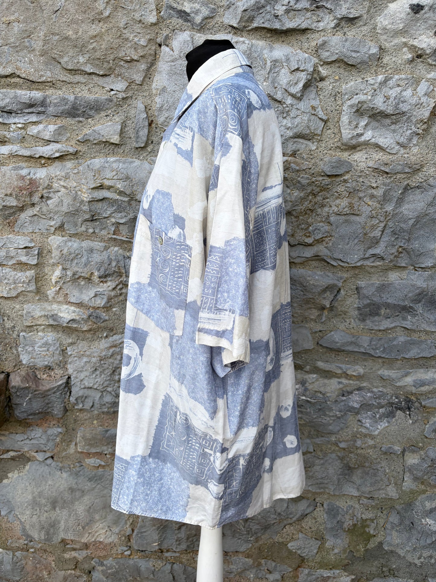 80s blue&white patchwork shirt Large