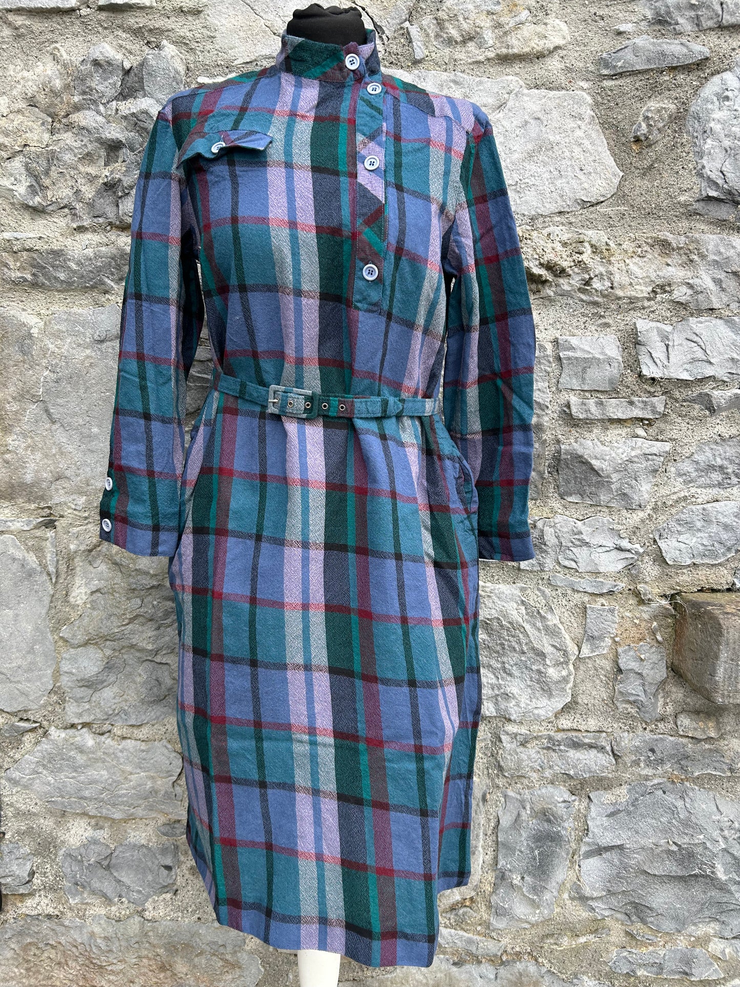 80s plaid midi dress with a high collar uk 6-8
