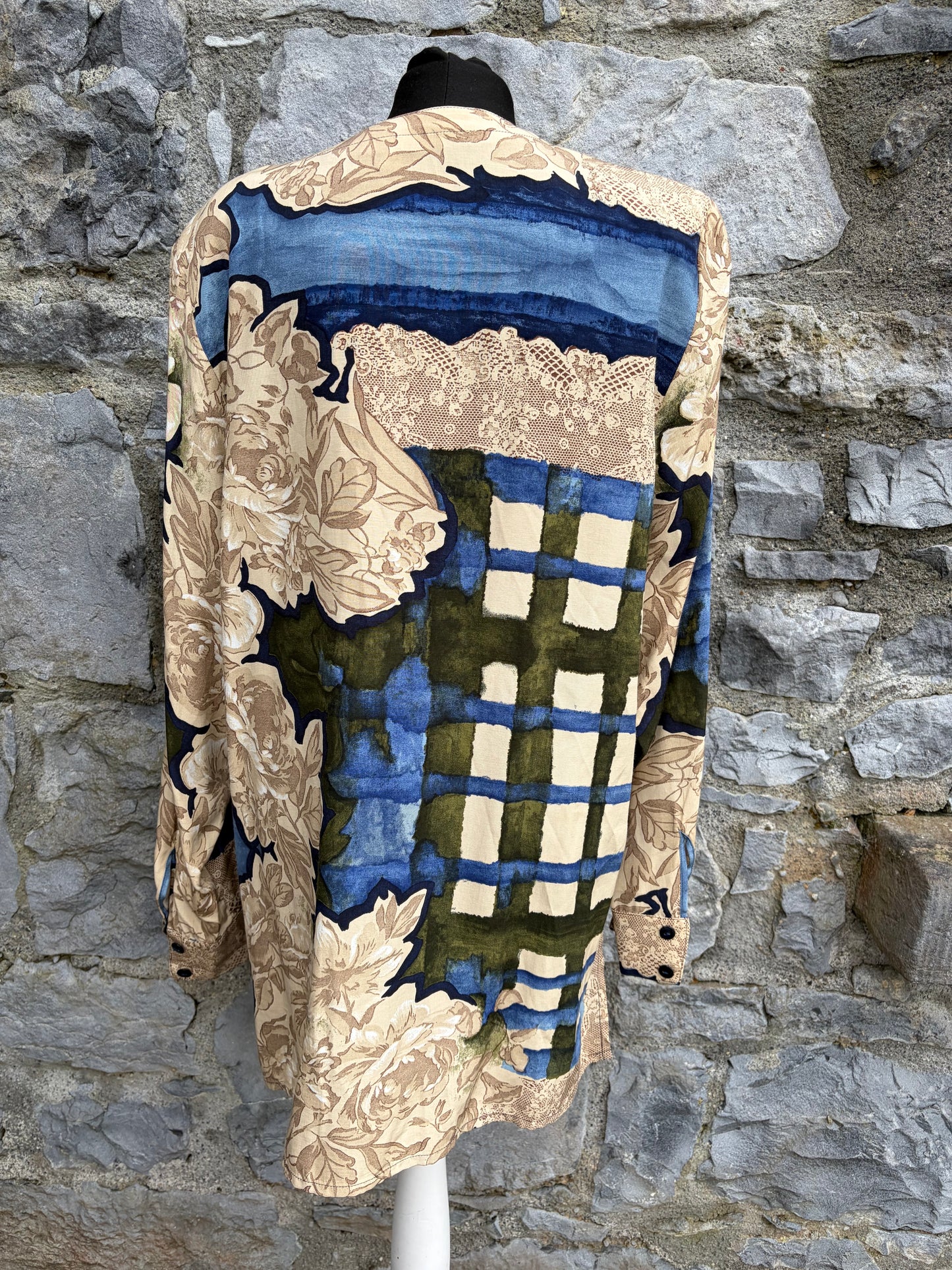 90s beige&blue floral blouse uk 14