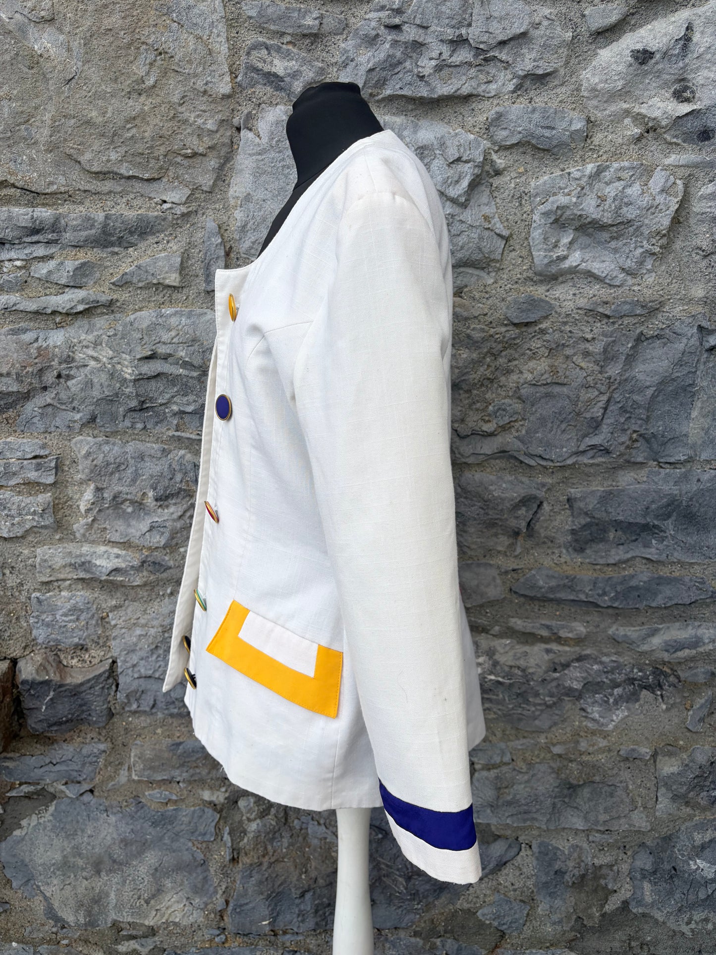 80s white jacket with multi-colored buttons uk 12