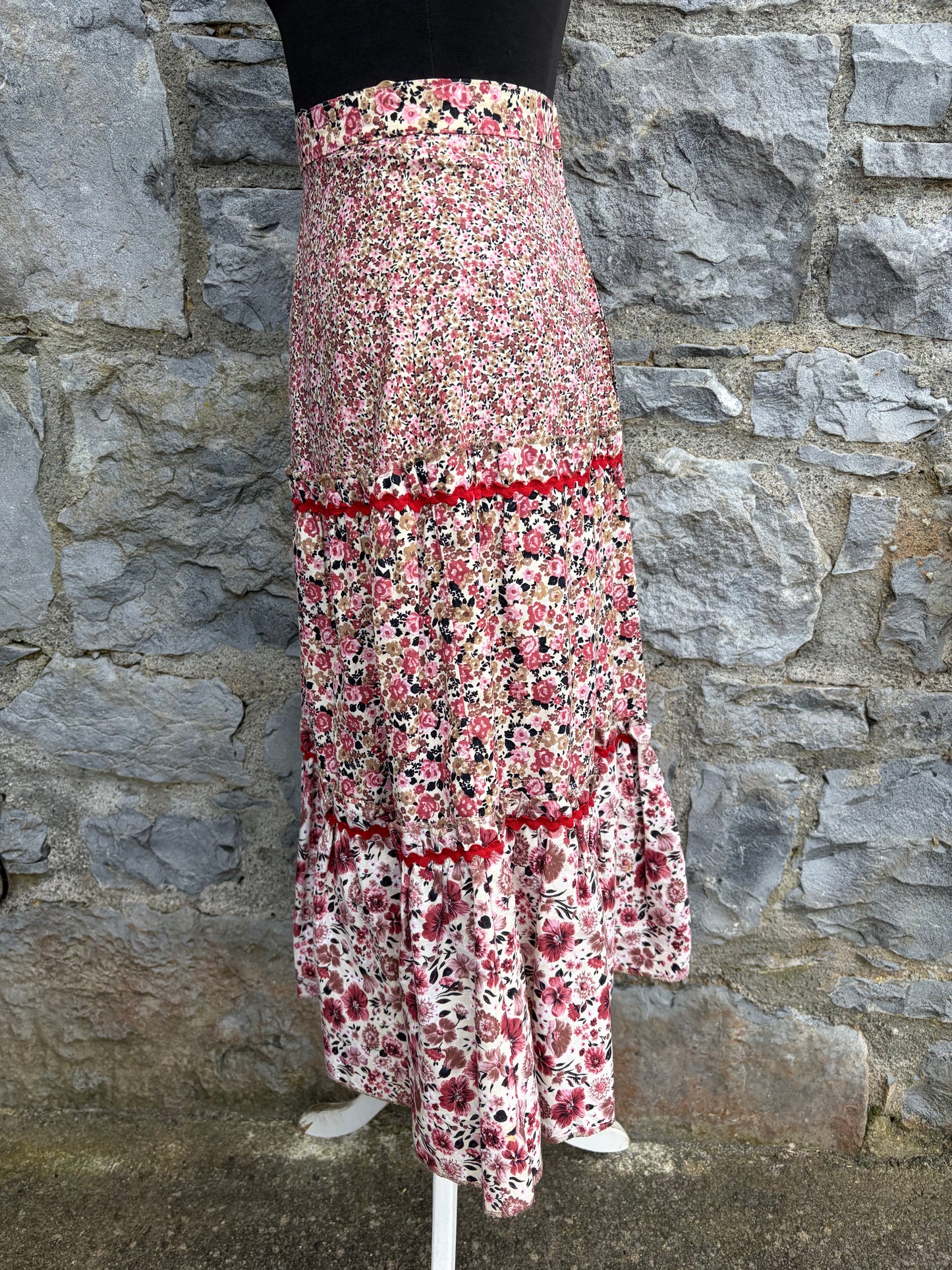 80s maroon flowers tiered skirt uk 6
