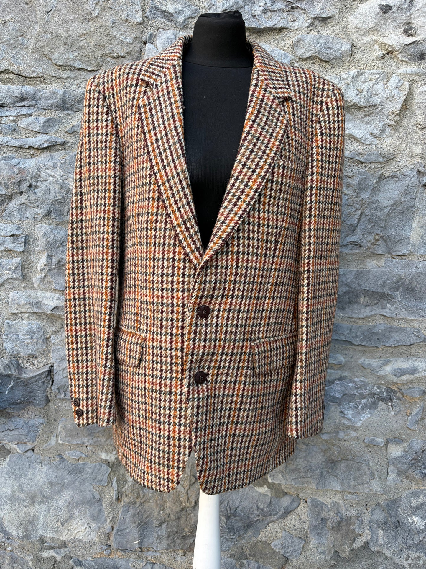 80s brown houndstooth&gunclub check tweed blazer L-XL men