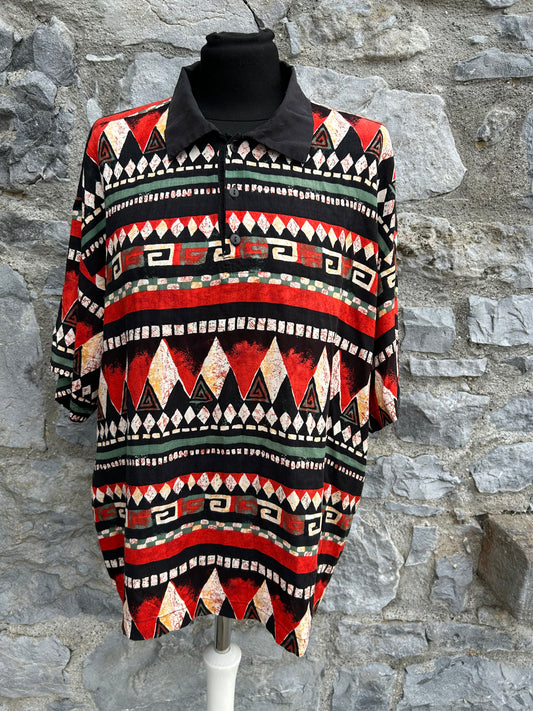 80s red&black geometric polo top Large