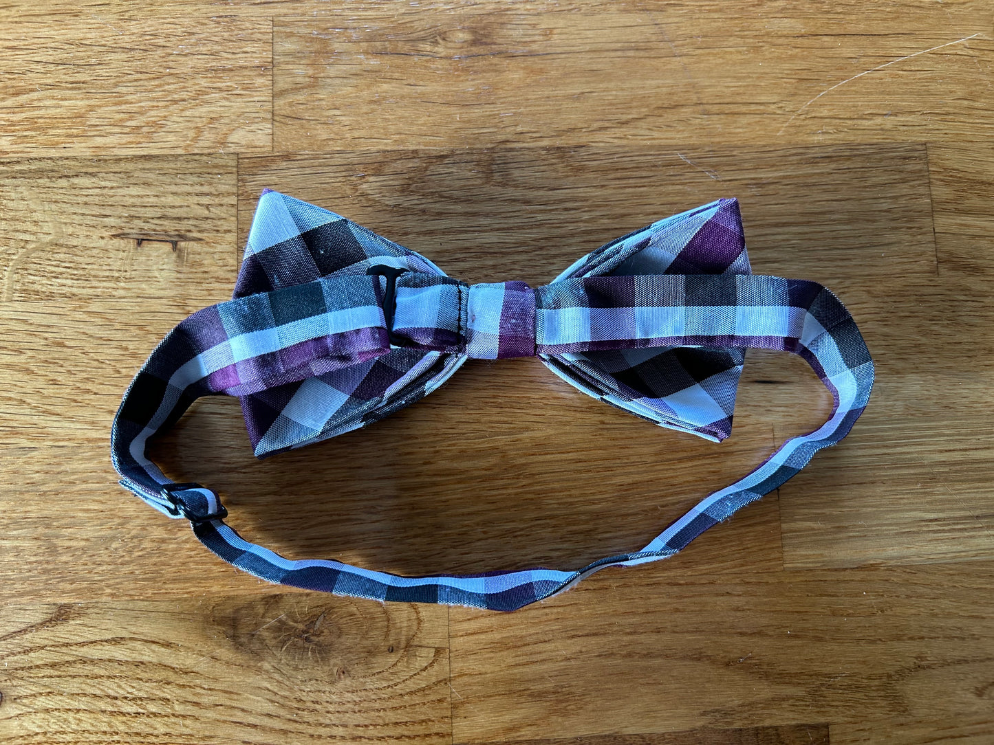 Purple white check bow tie