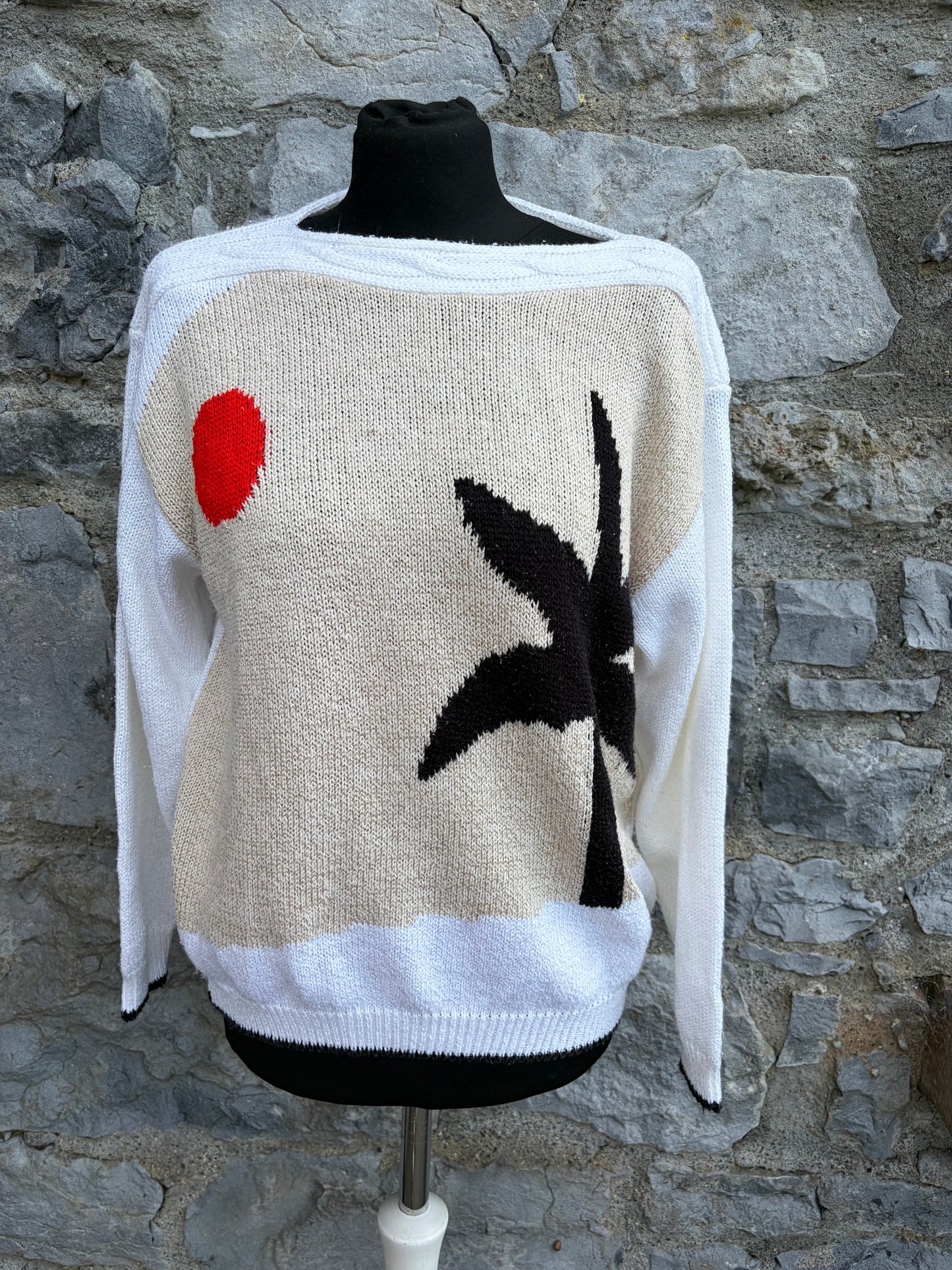 80s palm tree Beige&white jumper uk 8-10