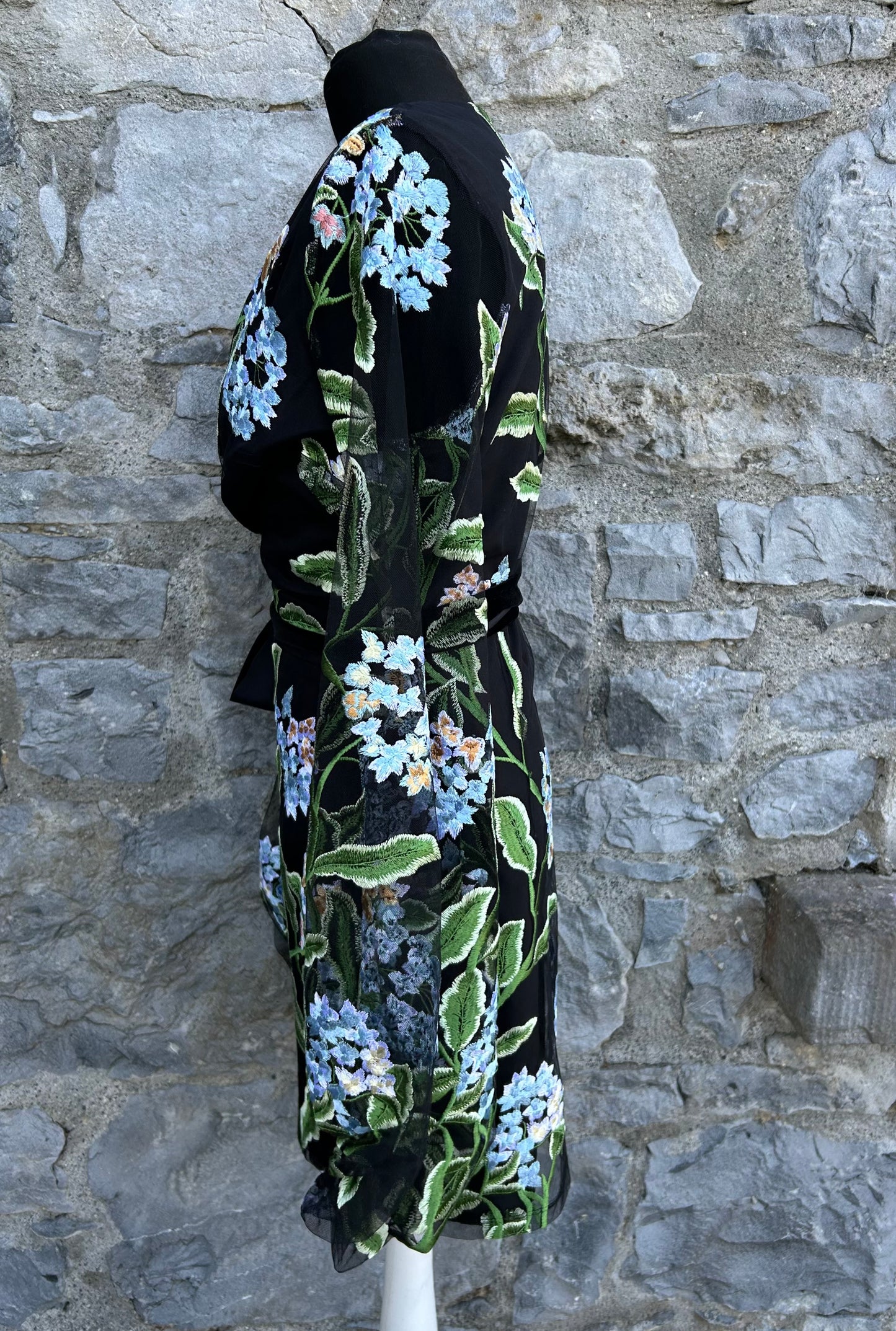 Embroidered floral black wrap dress uk 10-12