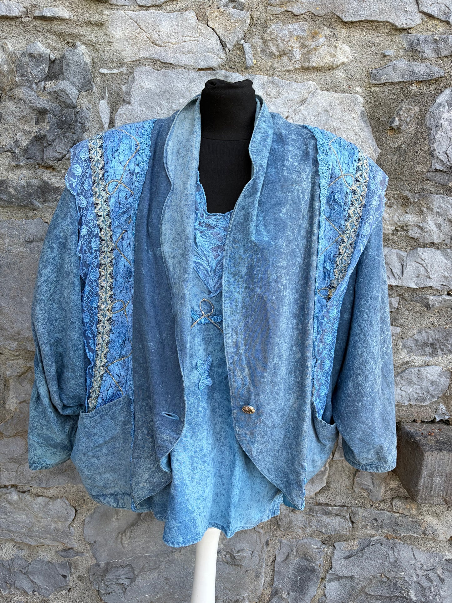 90s blue 3 piece acid wash&lace suit uk 12