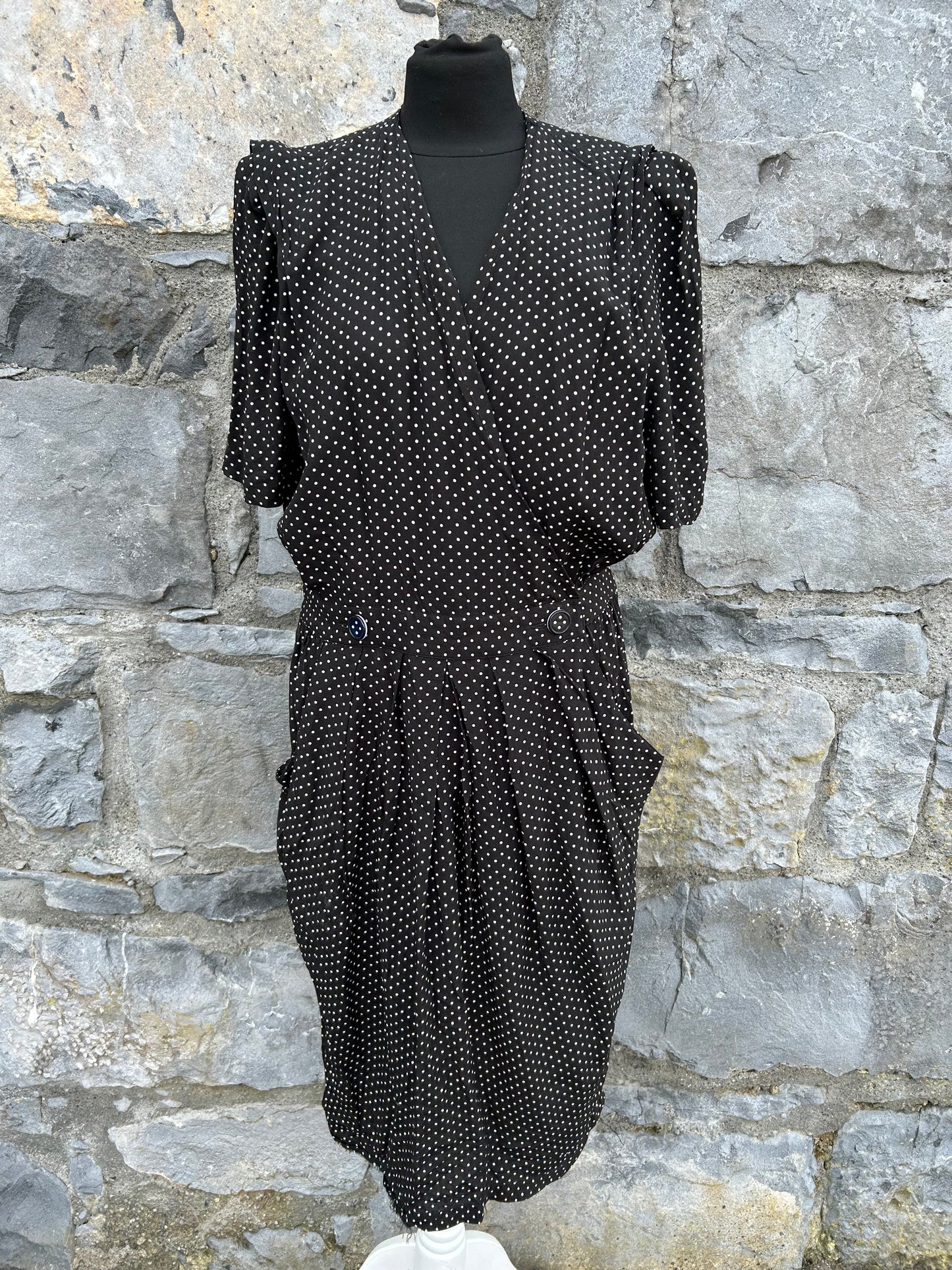 80s black spotty fix wrap dress uk 14