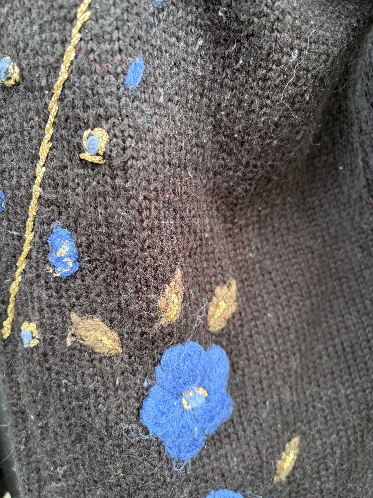 80s embroidered flowers black open cardigan uk 12-14