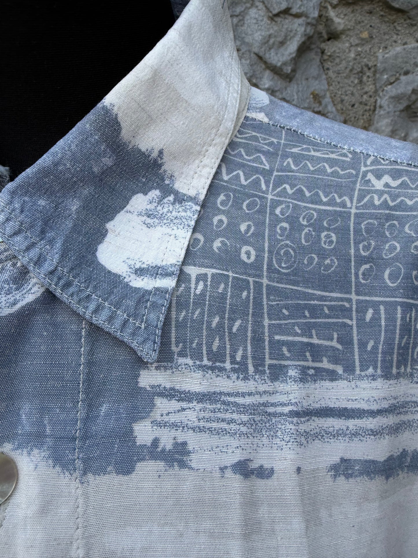 80s blue&white patchwork shirt Large