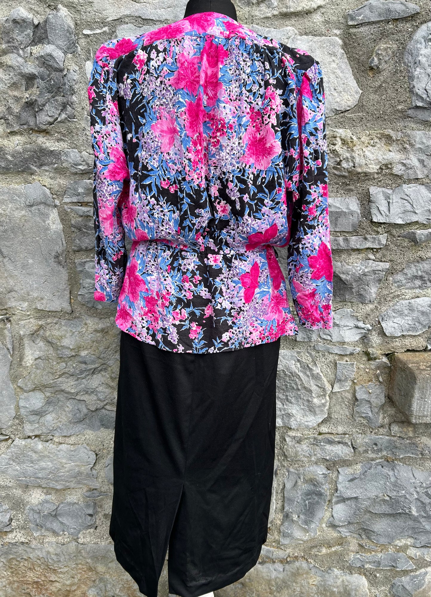 80s floral&black dress uk 12-14