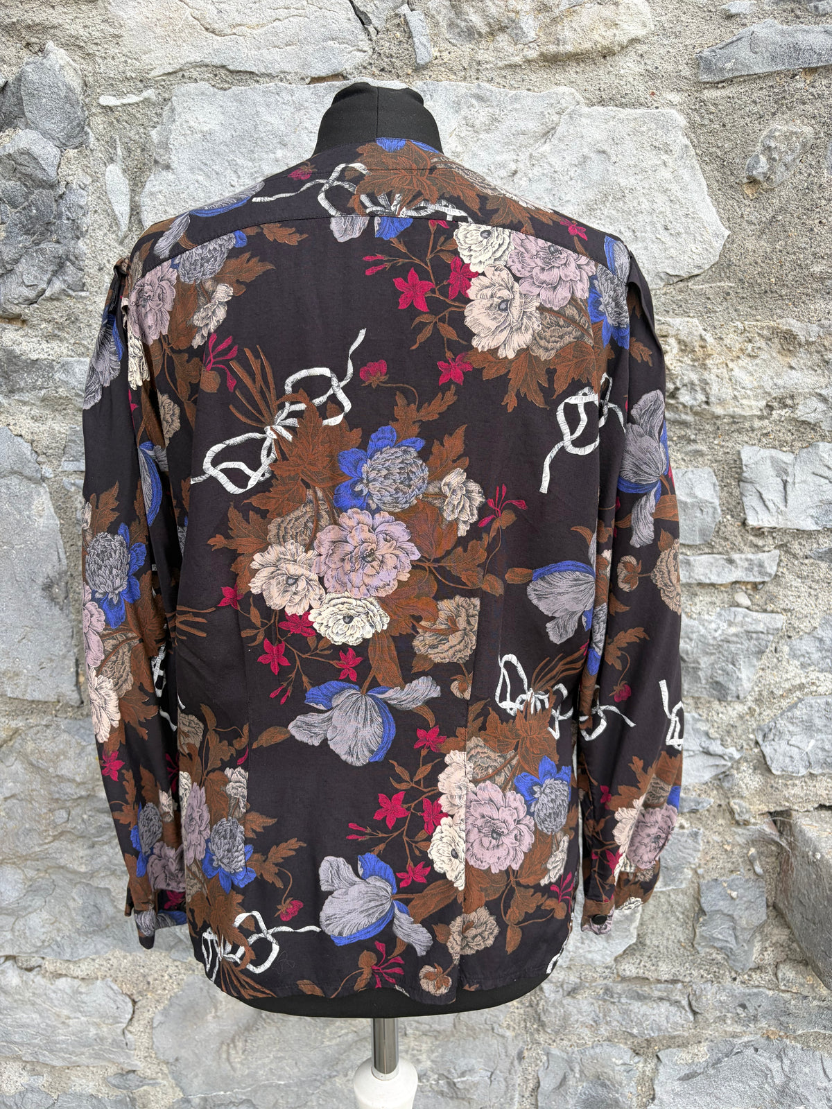 80s brown floral&ribbon print blouse uk 8