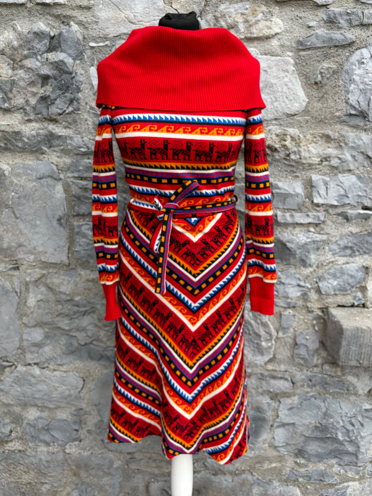 70s red geometric knit sweater dress  uk 6