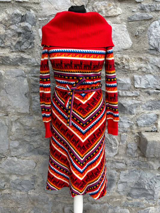 70s red geometric knit sweater dress  uk 6