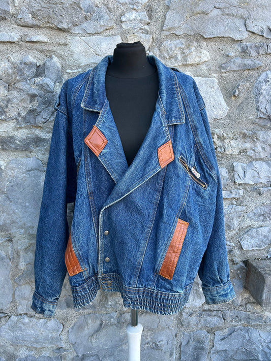 80s denim jacket with leather patches Large