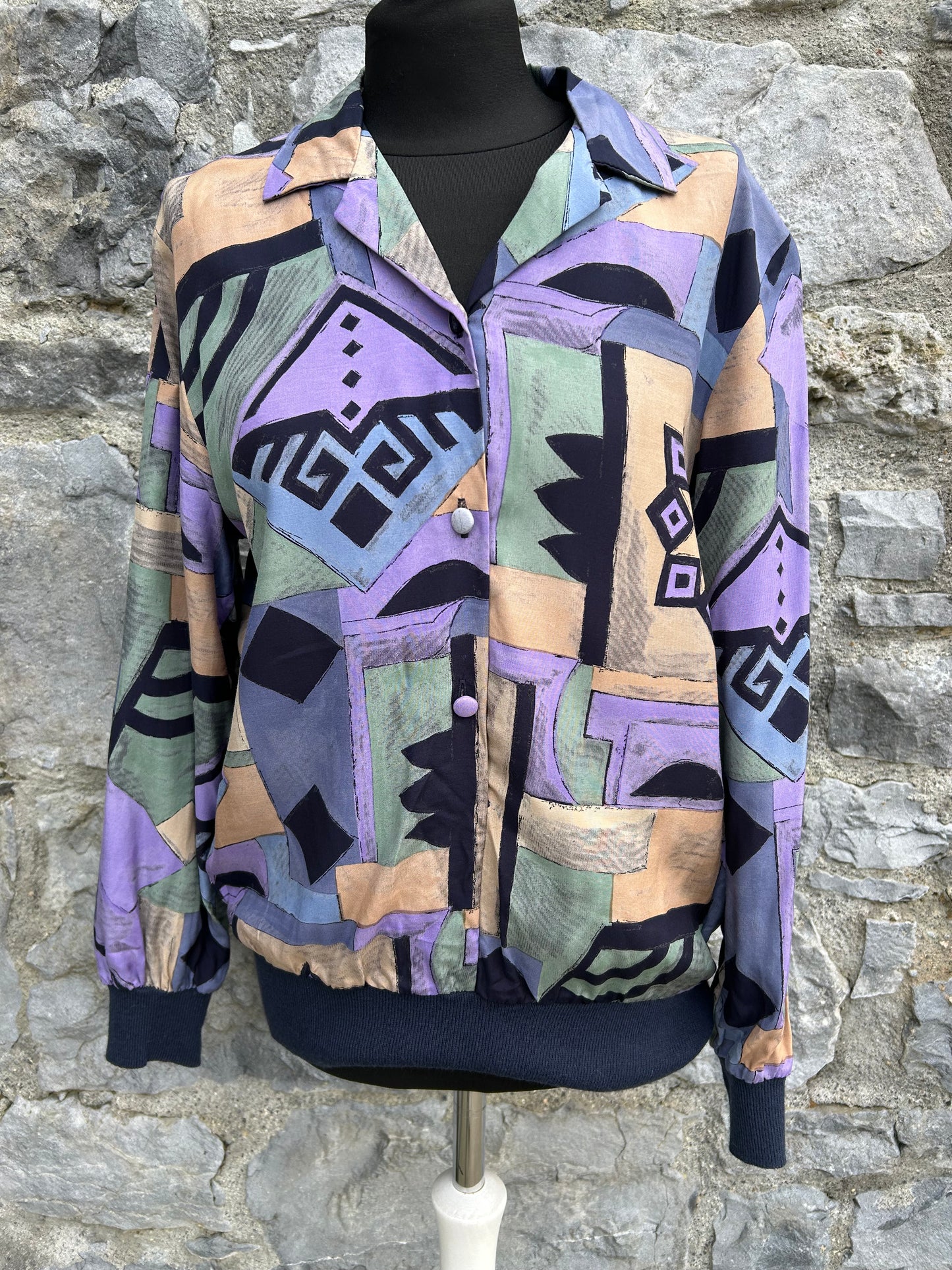 80s purple&grey abstract blouse uk 10