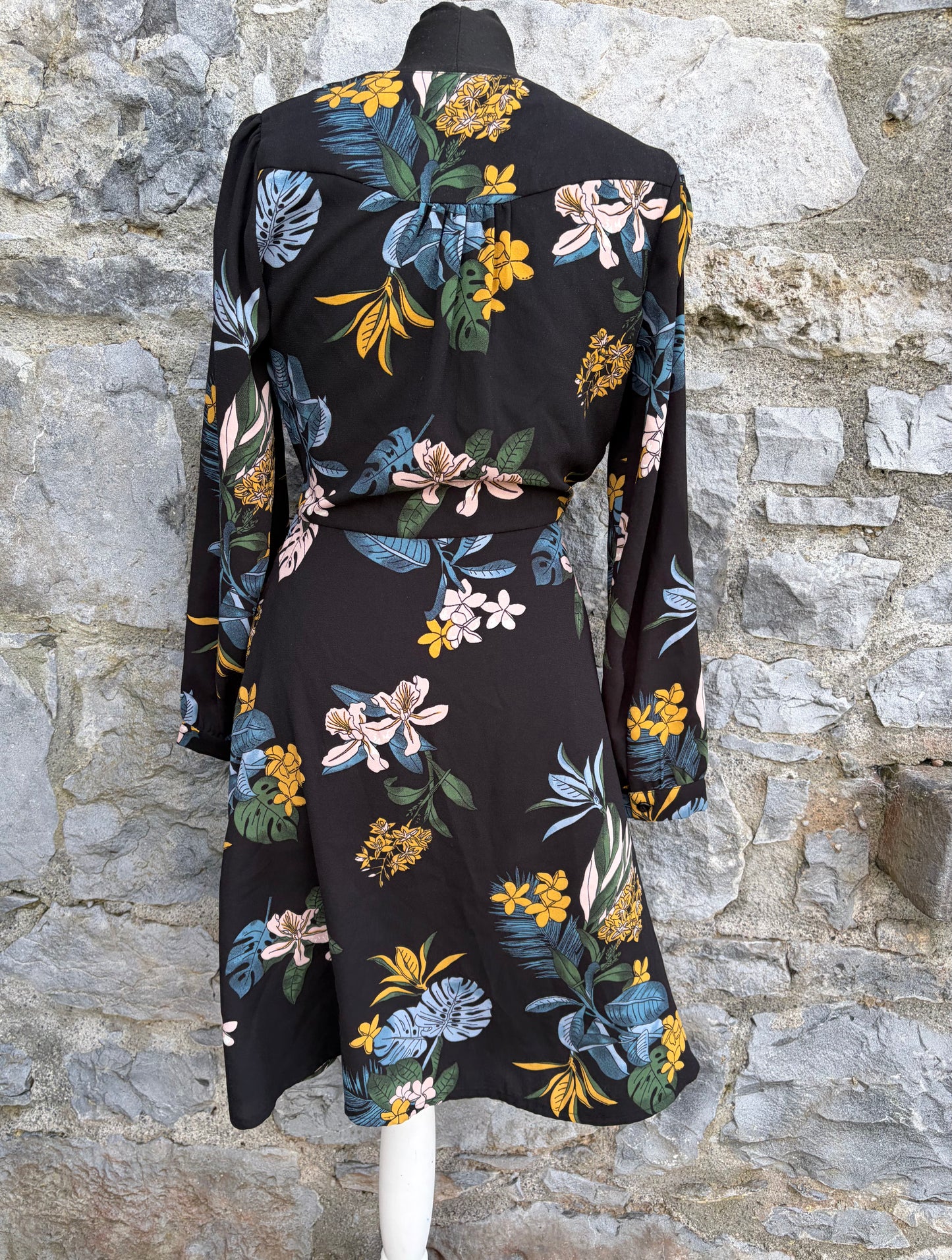 Black floral print faux wrap dress uk 8