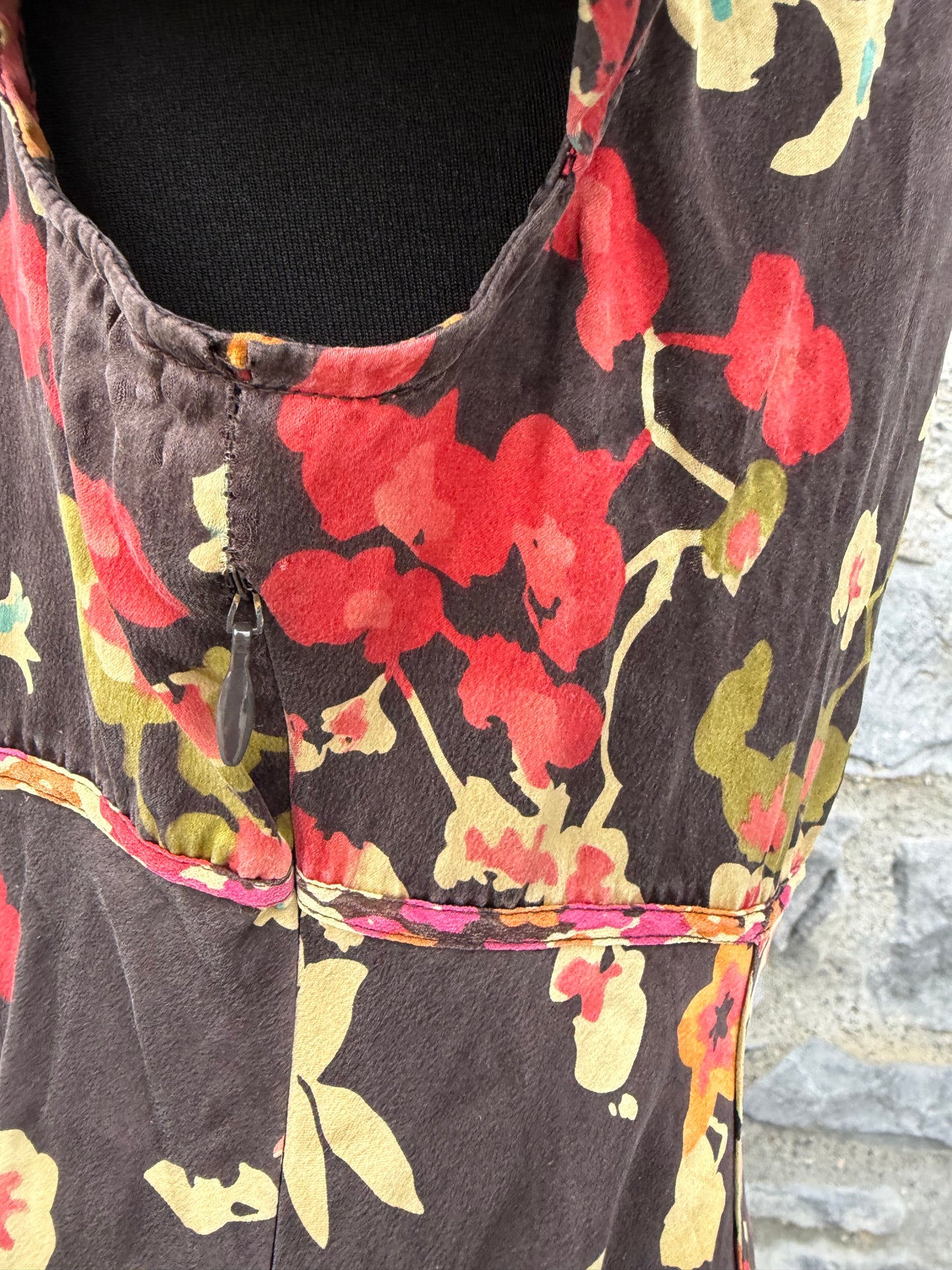 Y2K brown floral silk dress uk 8-10