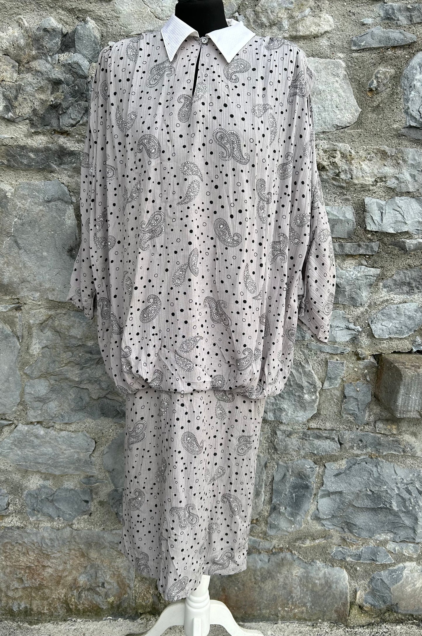 80s grey Paisley&dots dress uk 6-10