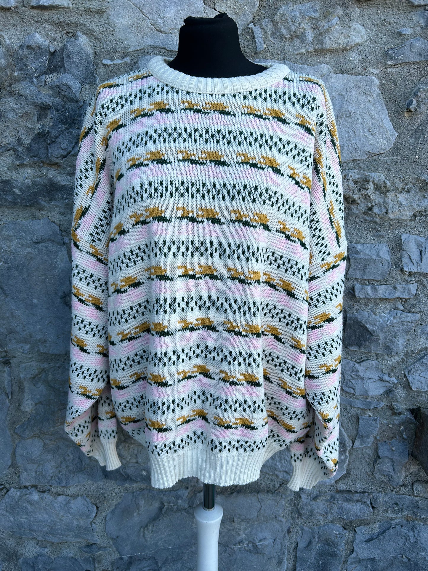 80s Pink&green panel jumper Large