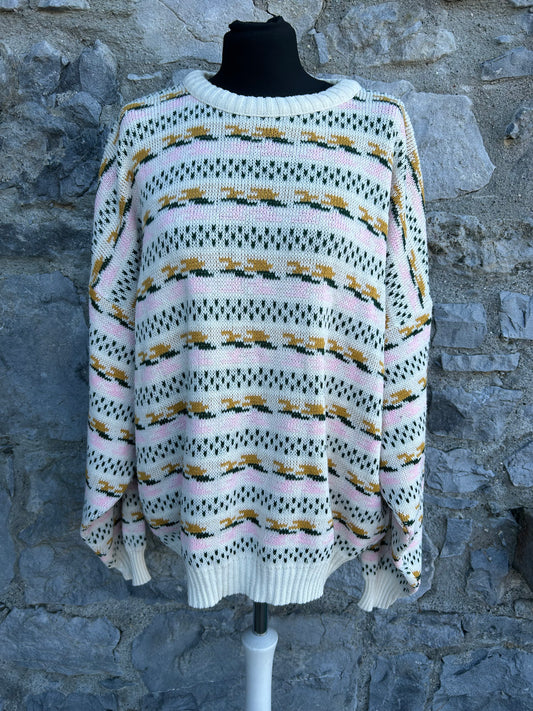 80s Pink&green panel jumper Large