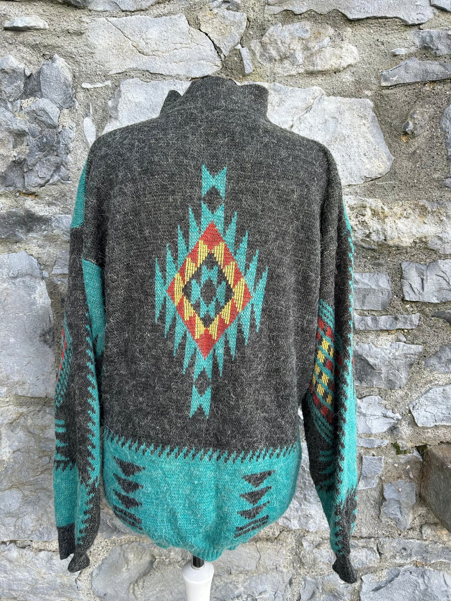 80s grey&teal aztec print jumper M/L