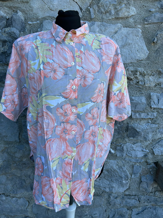 80s pink flowers grey shirt uk 14-16