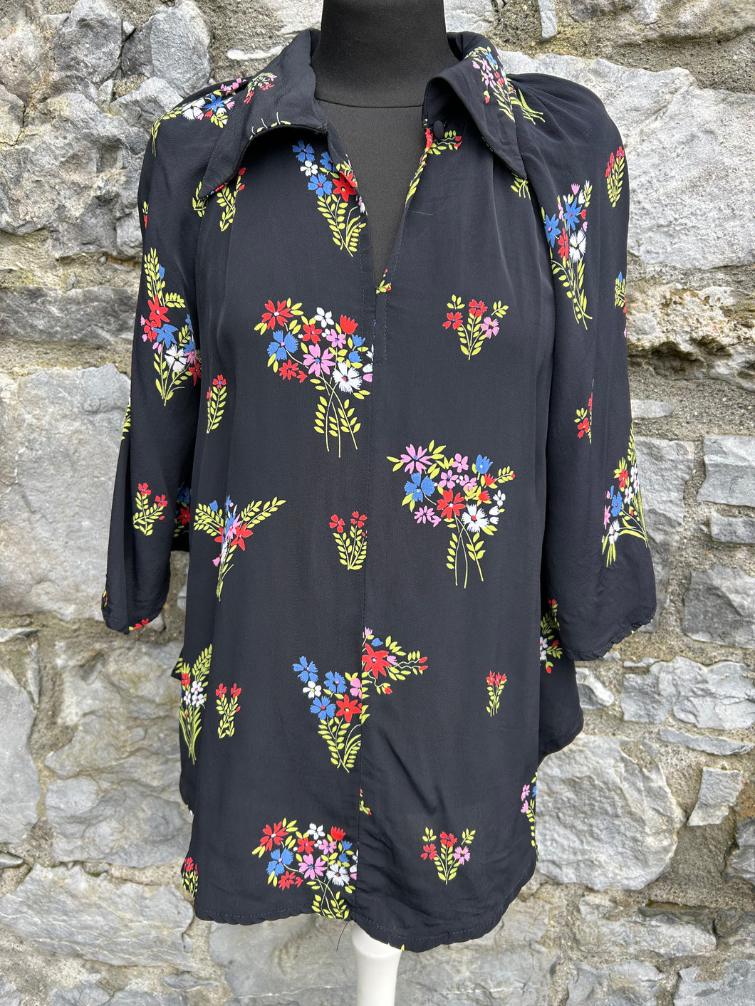 80s floral black shirt uk 8-10