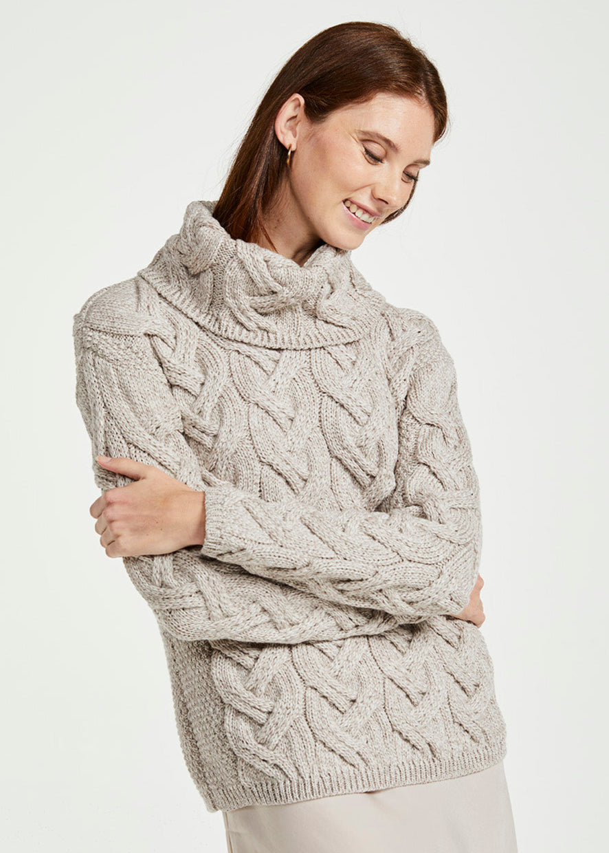 Aran Cowl Neck Chunky Sweater Oatmeal Large