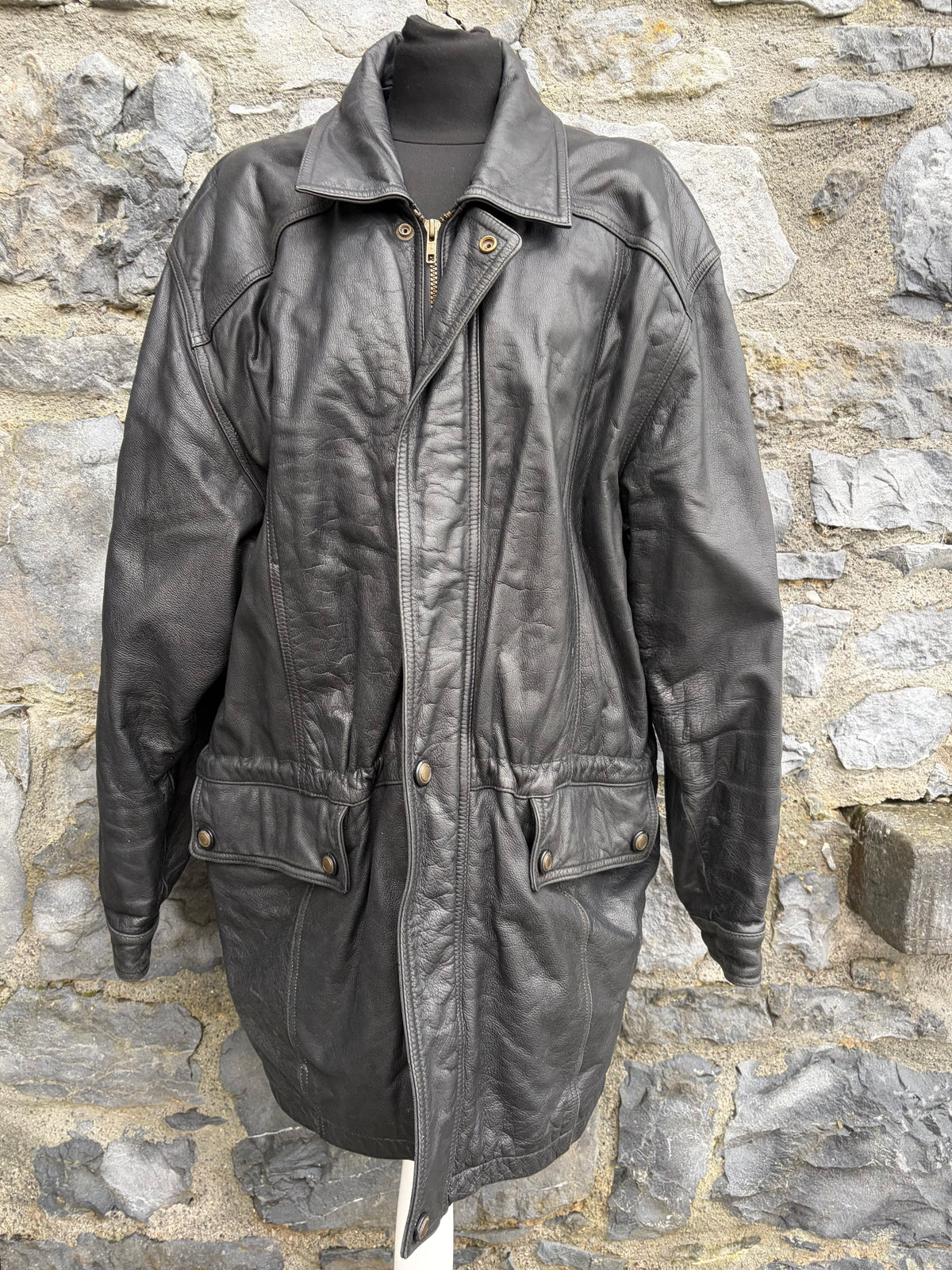 90s black leather long jacket Large
