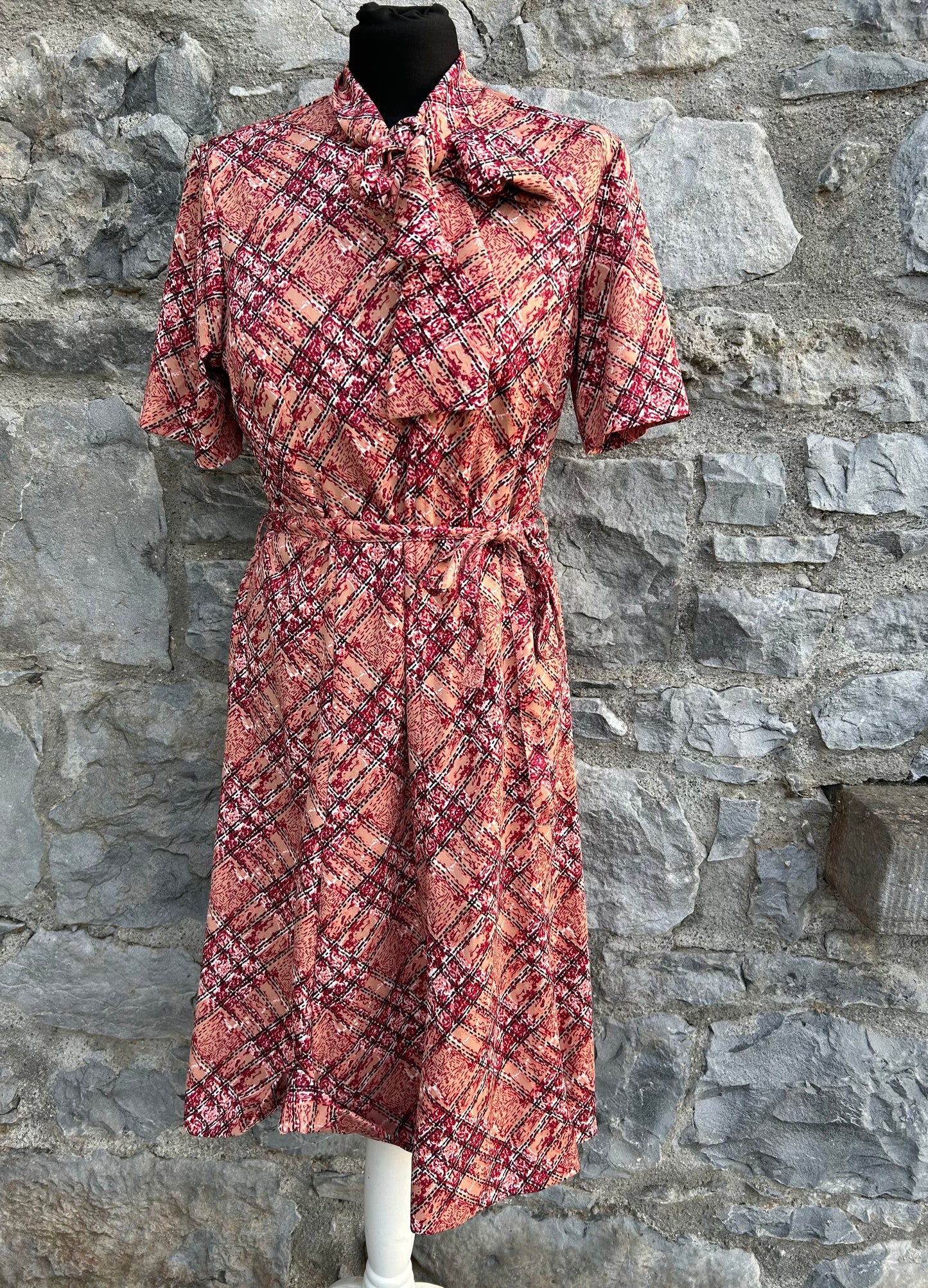 70s maroon floral dress with bow 12-14