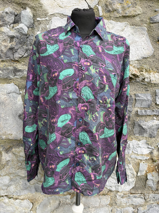 80s silk purple&teal print shirt Medium