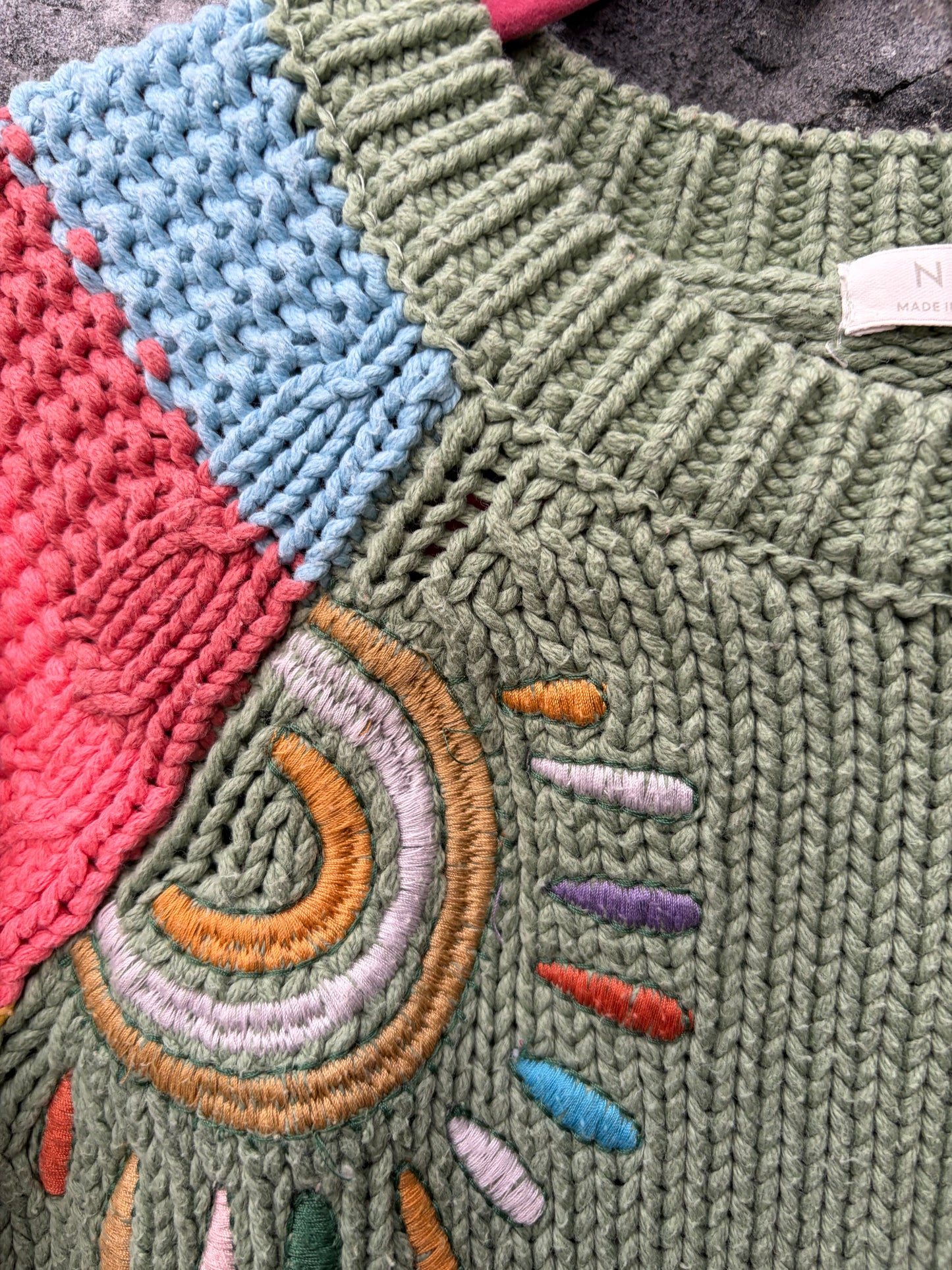 Khaki knitted dress with rainbow sleeves 18-24m (86-92cm)