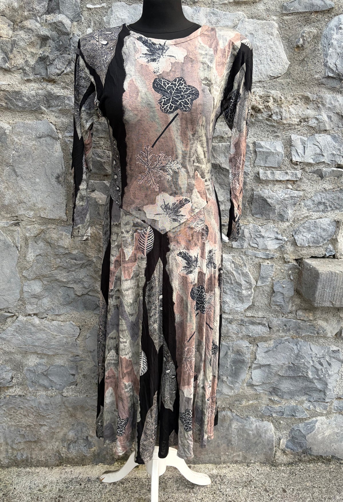 90s grey&pink botanical leaves dress uk 10-12