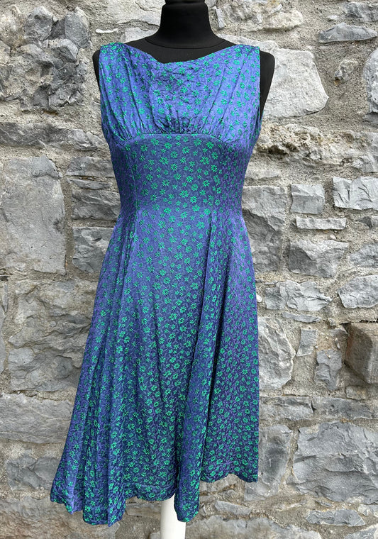 60s green flowers blue dress uk 8-10