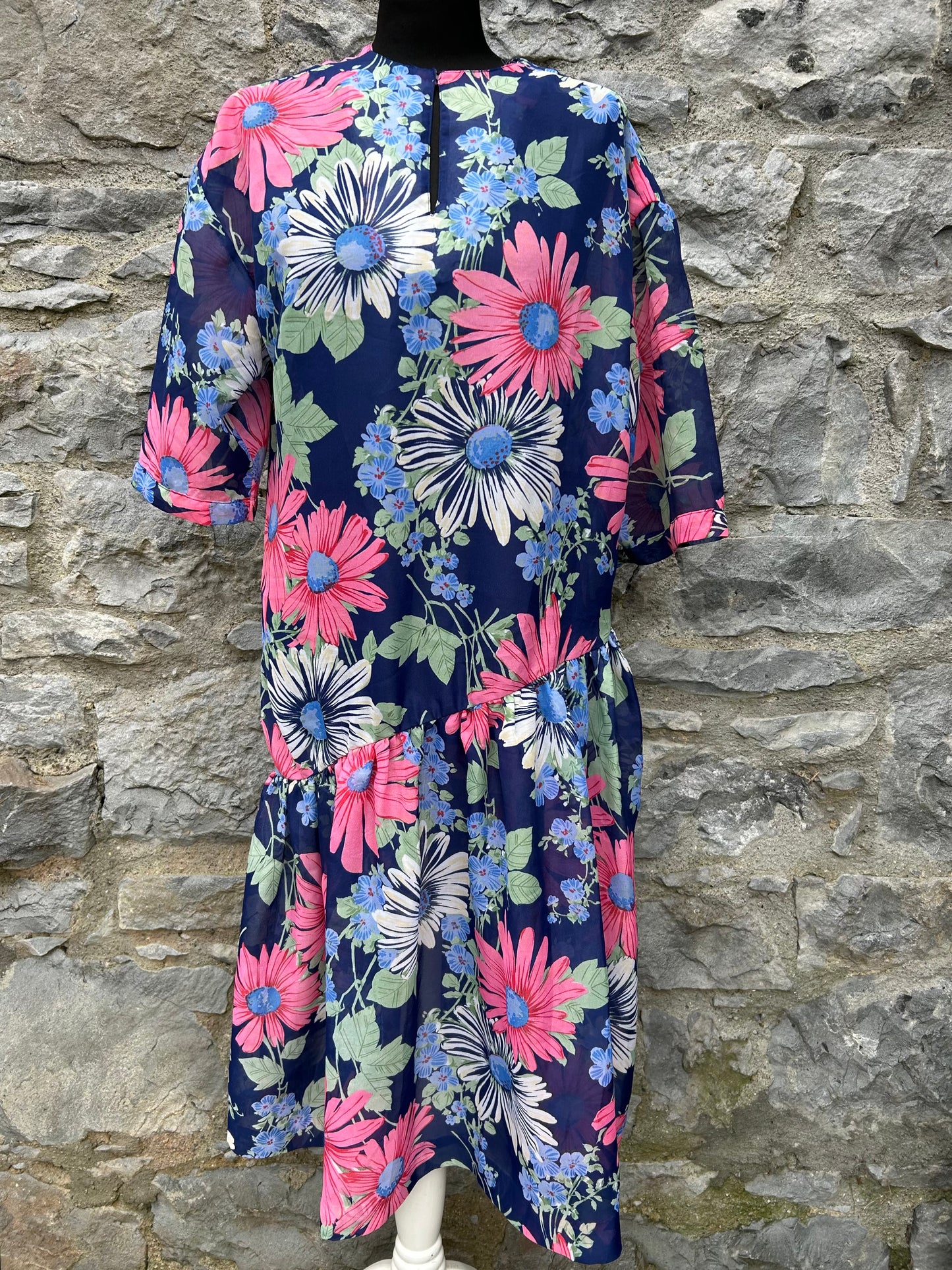 80s sheer flowers navy dress uk 14