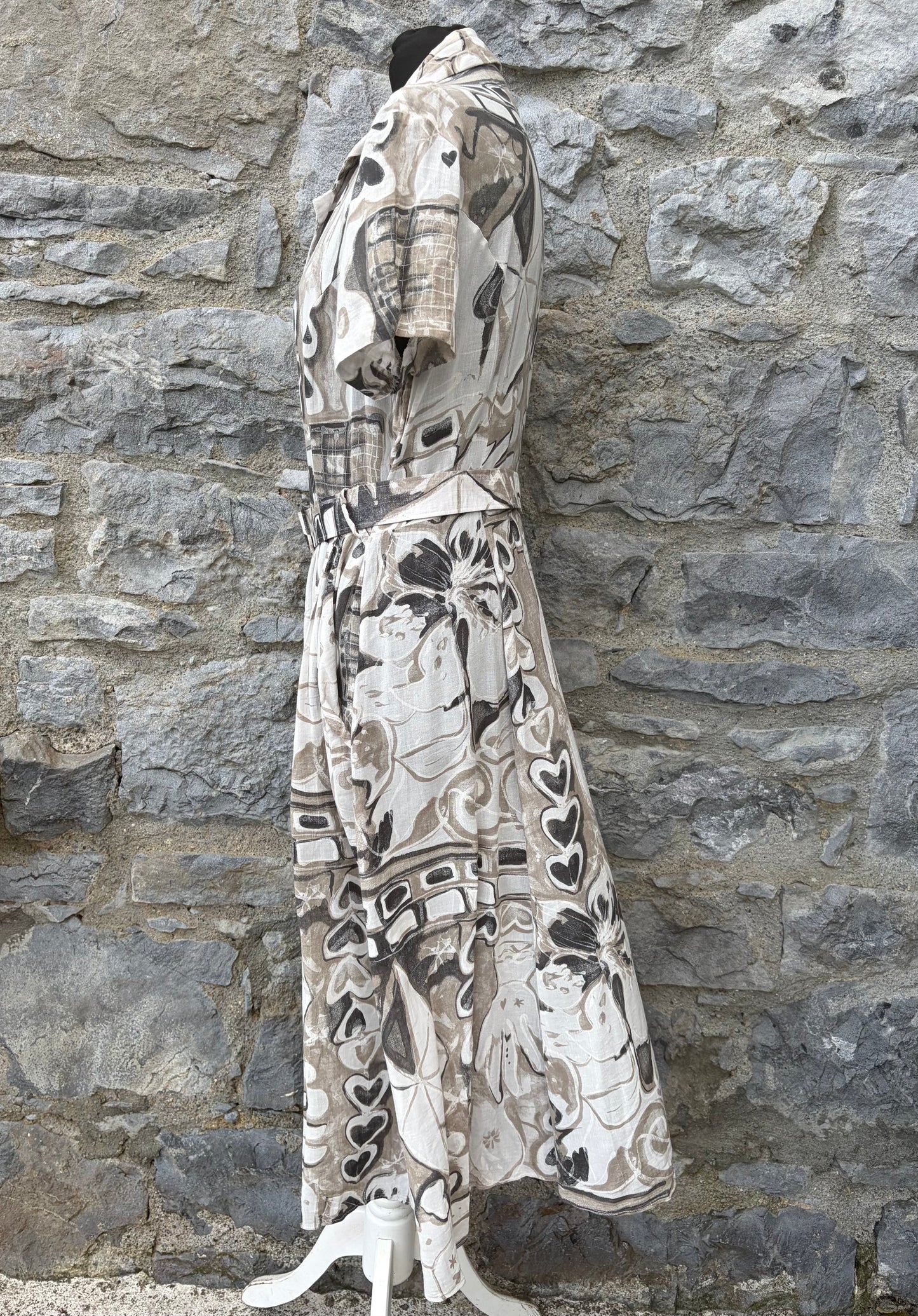 80s brown&white abstract dress uk 12