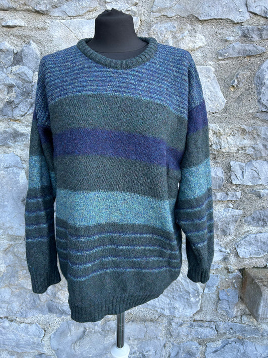 90s khaki&petrol stripy jumper S/M